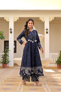 Blue Embroidered Pure Cotton <b>Women</b> Salwar Kameez Mirror Work Set 3/4th Sleeve <b>Kurti</b> & Pant with Dupatta <b>for</b> Party Wedding - Product Image 2