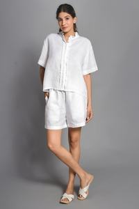 Women's White <b>Linen</b> 2 Piece Shorts <b>Set</b> Short Sleeve Loose Fit Casual Spring Summer Solid Color Turn-down Collar Button Front - Product Image 5