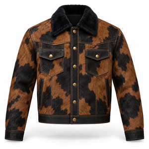Veste Western Homme Personnalisée en Cuir de Vachette Marron Tabac et Noir avec Col en V, Manteau de Cowboy pour Ranch, Fabricant OEM en Gros, Export Hiver - Product Image 1