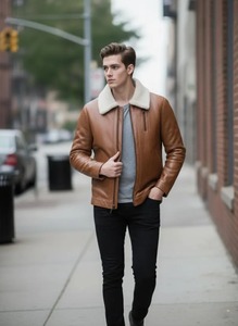 <b>Mens</b> Brown Black Shearling Leather Bomber <b>Jacket</b> Faux Fur Collar <b>Aviator</b> Flight Coat - Product Image 1
