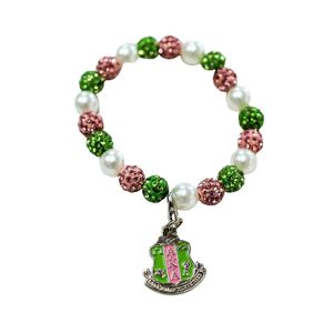 AKA Pink Bling and Pearl <b>Bracelet</b> with Shield Charm Sparkling <b>Beaded</b> Wrist Jewelry Elegant Women Fashion Accessory for Events - Product Image 2