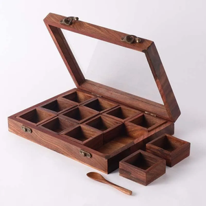 Boîte à épices en bois artisanale, boîte à masala en bois, rangement pour épices avec couvercle et cuillère en bois, boîte à épices en bois - Product Image 4