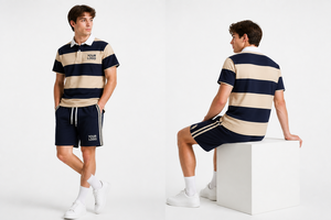 Men's Striped Rugby Polo T-Shirt and Shorts Two Piece Set Embroidered Striped Polo Shirt with Contrast Collar Set - Product Image 3