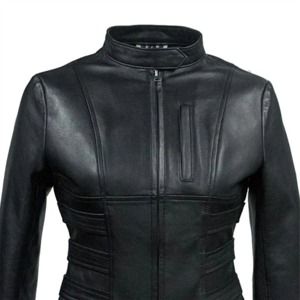 Women's Genuine <b>Leather</b> Motorcycle <b>Jacket</b> Black Stand Collar Full Sleeve Zipper Closure Autumn Style - Product Image 5