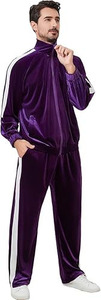 Ensemble de sport de luxe pour homme en velours violet foncé, décontracté, deux pièces, avec bande latérale blanche professionnelle - Product Image 4