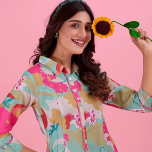 Vestido midi informal de verano hecho a mano en India, estilo vintage, con cuello en V, estampado floral, de crepé, con tiras, para mujer, estilo imperio. - Product Image 1