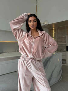 Ensemble de survêtement en velours rose pour femme, haut zippé à manches longues, pantalon large, coupe ample, toutes saisons, couleur unie, tenue décontractée - Product Image 6