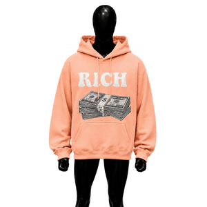 Sweat à capuche oversize personnalisé couleur pêche avec imprimé graphique 'Rich Letter Money Stack', style streetwear pour hommes, vente en gros, disponible en plusieurs tailles - Product Image 1