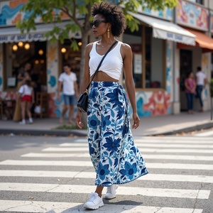 Elegante mujer Boho Gypsy falda de longitud completa azul negro borde estampado Floral hecho algodón suave ajustable cordón elástico - Product Image 6