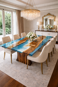 Table à manger de luxe en bois de noyer à bords naturels et résine époxy bleue, design moderne, faite à la main, mobilier de bureau d'exception - Product Image 2