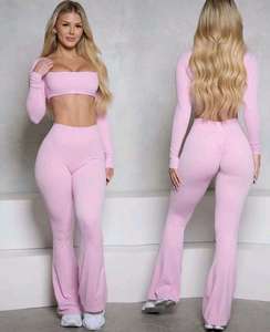 Women's <b>Pink</b> Two-Piece Set Long Sleeve Strapless Crop <b>Top</b> <b>High</b> Waist Flared Pants Sporty Casual Wear Spring Summer - Product Image 1
