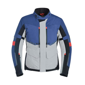 Blouson de moto pour homme, coupe-vent, toutes saisons, avec blocs de couleur, fermeture éclair intégrale, bleu, gris, noir, accents rouges - Product Image 4