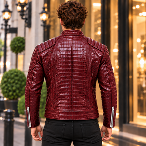 Mens <b>Burgundy</b> for Embossed Genuine <b>Leather</b> Breathable Vintage Biker <b>Jacket</b> Luxury Motorcycle Coat Custom OEM Wholesale - Product Image 4
