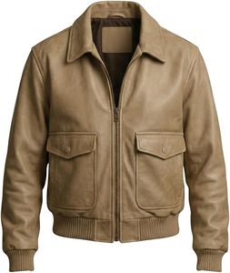 Chaqueta Bomber de Cuero Color Bronceado para Hombre, Cuello Camisero, Cierre de Cremallera, Corte Regular, Estilo Casual para Otoño - Product Image 3
