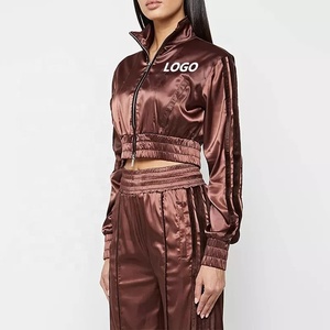 Women Solid Color Satin Tracksuit Set Full Sleeve <b>Crop</b> <b>Top</b> With Zipper And Drawstring Pants Casual Autumn Wear - Product Image 2
