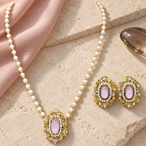 Wholesale Gold Plated Pink Stone <b>Pearl</b> Necklace Stud Earrings <b>Set</b> Customizable Artificial Jewelry - Product Image 6