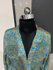 Blue Color Floral Print Kimono V Neck Long Sleeves Belted Wrap Knee Length Bohemian <b>Cardigan</b> Summer Women's Comfortable Wear - Product Image 3