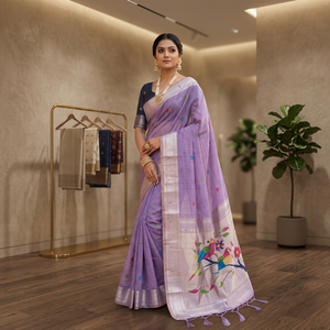 Sari de algodón morado con diseño de pájaros y flores, tradicional para mujer, estilo indio, largo hasta el suelo, sin arrugas - Product Image 4