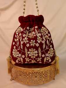 Handmade Red Velvet Potli Purse with Gold Floral Embroidery Pearl Beaded Round Shape Wedding Craft Cross-<b>stitching</b> & Needlework - Product Image 1