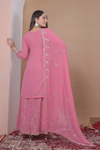 Glamorous Georgette Glitter <b>Sequin</b> Top Pack <b>Flared</b> Bottom Palazzo With Long Dupatta Stitched Three Piece Partywear Suit - Product Image 5
