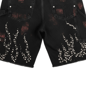 Pantalones Cortos Vaqueros de Algodón Vintage de Alta Calidad para Hombre con Logotipo Personalizado de Pedrería, Lavado Ácido y Efecto Desgastado por el Sol - Product Image 6
