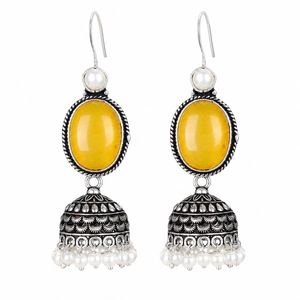 Boucles d'oreilles Jhumka ovales vintage tibétaines bohèmes en laiton plaqué argent avec améthyste jaune et perles d'imitation pour femme, idéales pour les soirées - Product Image 1