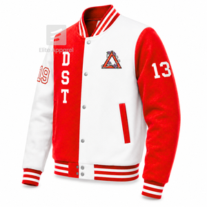 Veste universitaire personnalisée Delta Sigma Theta Sorority, rouge et blanche, manches longues, boutons sur le devant, col à revers, logo brodé, coton. - Product Image 3