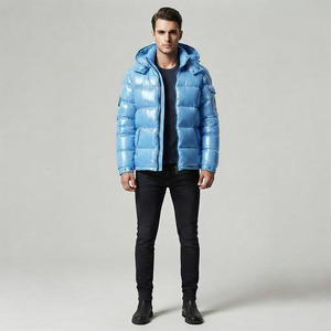 Wholesale Custom Logo Men’s Ice Blue Glossy Hooded Puffer Jacket High Shine Winter <b>Bubble</b> <b>Coat</b> - Product Image 3