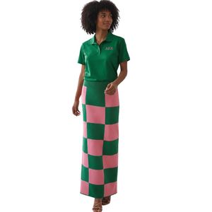 Jupe en tricot à carreaux rose et vert pour femme, longue, décontractée, tendance, en tissu extensible doux, élégante pour le quotidien - Product Image 1