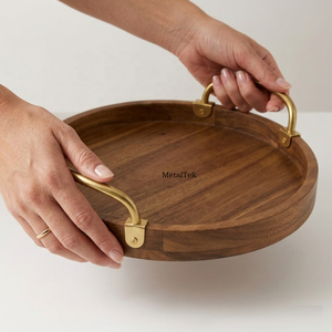 Plateau rond en bois d'acacia avec poignées dorées, grand plateau de service en bois, vaisselle décorative de luxe pour restaurants, plateaux écologiques - Product Image 3