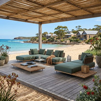 Ensemble de salon d'extérieur moderne en teck massif, canapé modulaire sectionnel avec coussins imperméables, mobilier de patio de luxe pour AU