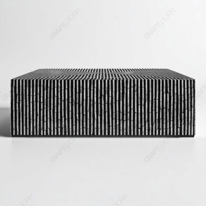 Mesa de Centro Cuadrada con Incrustaciones de Hueso Blanco y Negro, Patrón Geométrico Lineal, Hecha a Mano, Moderna, para Sala de Estar Contemporánea - Product Image 3