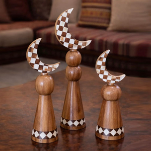 Juego de Esculturas de Luna Creciente de Madera Hechas a Mano con Impresionantes Patrones de Incrustaciones a Cuadros, Perfecto para Decoración del Hogar Árabe - Product Image 6
