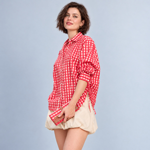 Chemise boutonnée à carreaux rouges pour femmes, coupe ample, manches trois quarts, chemisier décontracté - Product Image 5