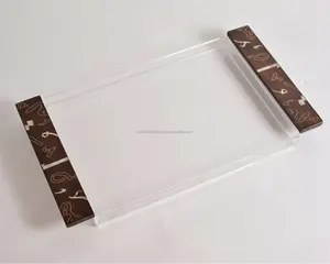 Plateau de service rectangulaire artisanal rustique en bois/acrylique de style arabe pour le thé, le café, les aliments et les fêtes - Product Image 1