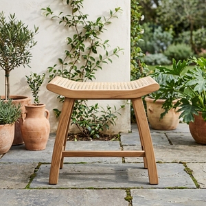 Modern Portable Eco-Friendly Spa <b>Stool</b> Solid Teak Wood Frame Handcrafted Rattan Weaving Curved <b>Seat</b> Well Sanded Bedroom Hotel - Product Image 6
