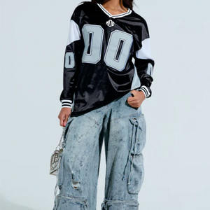Maillot de football américain noir unisexe surdimensionné à manches longues et col en V, style streetwear, avec broderie personnalisée du numéro - Product Image 2