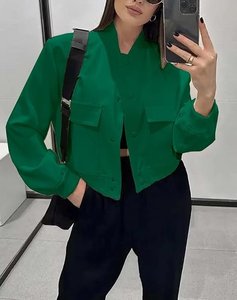 Women's Solid Color Bomber <b>Jacket</b> Full Sleeve Stand Collar <b>Patch</b> Pocket Short Length Autumn Wear - Product Image 2