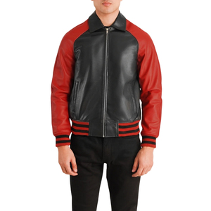 Veste bomber en cuir PU pour homme, noire et rouge, à col rabattu et fermeture éclair - Product Image 1