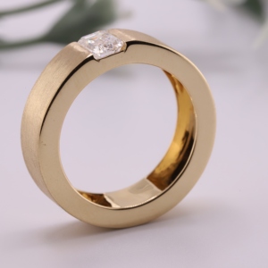 <b>Emerald</b> Cut Lab Diamond <b>Mens</b> <b>Ring</b> Yellow Gold Brushed Matte Wide Band Flush Set Diamond Solitaire <b>Mens</b> <b>Ring</b> Fine Jewelry - Product Image 3