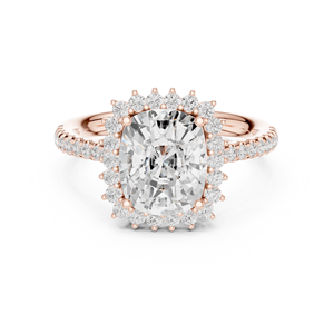 Anillo de compromiso de plata de ley chapado en oro rosa con halo, diamante moissanita de corte cojín con banda pavé de piedras laterales decorativas - Product Image 1
