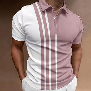 เสื้อเชิ้ตผู้ชายผ้าฝ้ายลายทางสีตัดต่อ แขนสั้น ถักแบบลำลอง ดีไซน์กระดุม สีขาวและสีกากี - Product Image 5