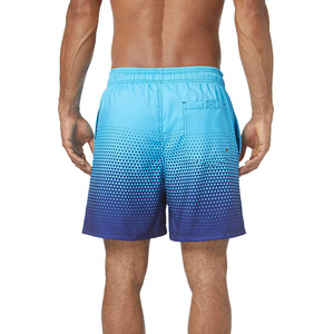 Men's Orange Blue Gradient Geometric Pattern Quick Dry Polyester Board Shorts Mid Waist Drawstring Swim Trunks - Product Image 6