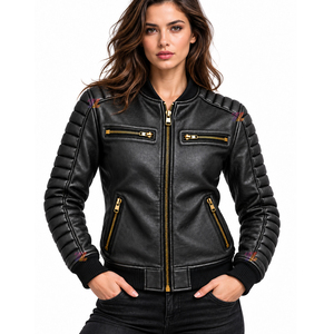 <b>Women's</b> Bomber Style Motorcycle <b>Leather</b> <b>Jackets</b> Custom OEM Genuine <b>Leather</b> Biker <b>Jackets</b> for <b>Women</b> Wholesale Fashion Apparel - Product Image 1