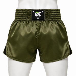 Shorts de boxe thaïlandaise en satin vert olive pour hommes avec logo imprimé sur le devant pour l'entraînement et la compétition de Muay Thai et de kickboxing - Product Image 5
