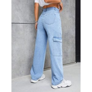 Pantalon cargo en denim ample à taille haute respirant pour femme, style rétro funky vintage bleu glace, multi-poches, taille 26-40 - Product Image 3