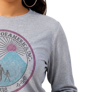 T-shirt gris à manches longues et col rond avec motif en strass, haut décontracté pour tous les jours, streetwear, style de vie, vêtements confortables - Product Image 5