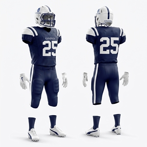 Ensemble uniforme de football américain classique personnalisé Govenza 2025 – Maillot, pantalon, casque et gants imprimés, 100 % polyester, bleu marine et blanc - Product Image 1