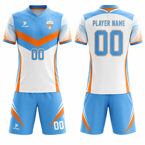 Ensemble de maillots de football personnalisés sublimés bleu clair, blanc, orange, manches courtes, taille plus pour hommes, polyester à séchage rapide, vêtements d'équipe pour adultes - Product Image 1