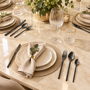 Ensemble de couverts noirs 4 pièces en acier inoxydable |   Ustensiles de table modernes, couteau, fourchette, cuillère à soupe, cuillère à café, vaisselle de cuisine - Product Image 2
